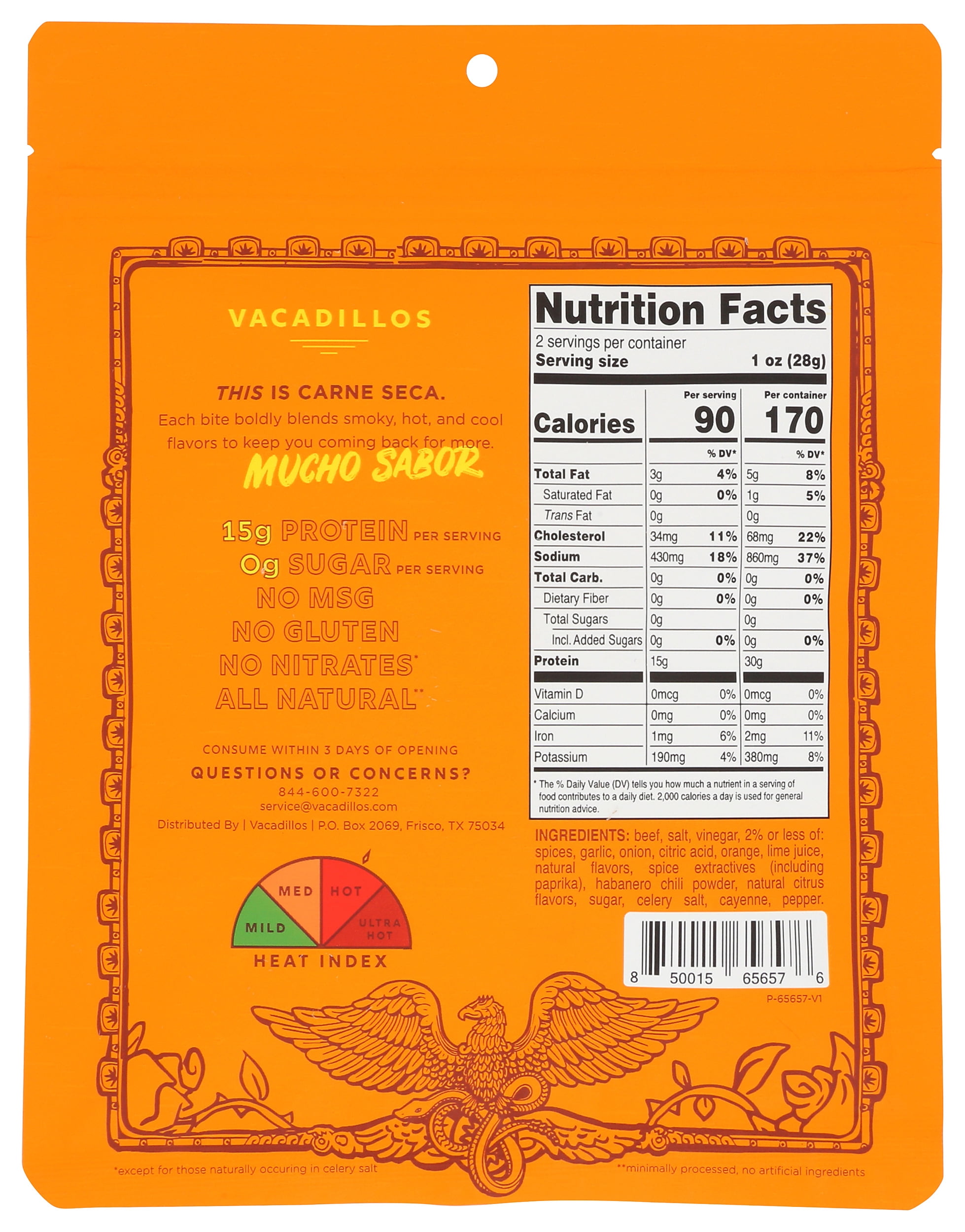 Pack of 8, Vacadillos Habanero Carne Seca Air Dried Beef, 2 oz