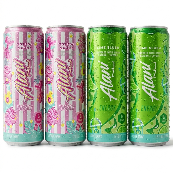 New Alani Energy Drinks (Limited Edition) Lime Slush, Cotton Candy Variety Pack Sugar-Free, Low-Calorie, Energy Boost Drink 12 fl oz (Pack of 4) Repackaged By * PickAndGo*