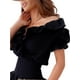 thumbnail image 3 of TRKIYQC 2022 mujeres Warp cuello pico vestido manga corta Puff Color sólido fruncido elástico cintura alta volante Mini vestido negro blanco Vestidos TRKIYQC moderno, 3 of 9