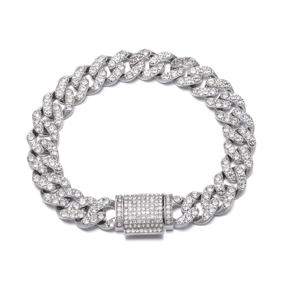FEEL STYLE Male Silver Plated Round Zircon Cuban Chain Bracelet for Men Women 11MM 7"