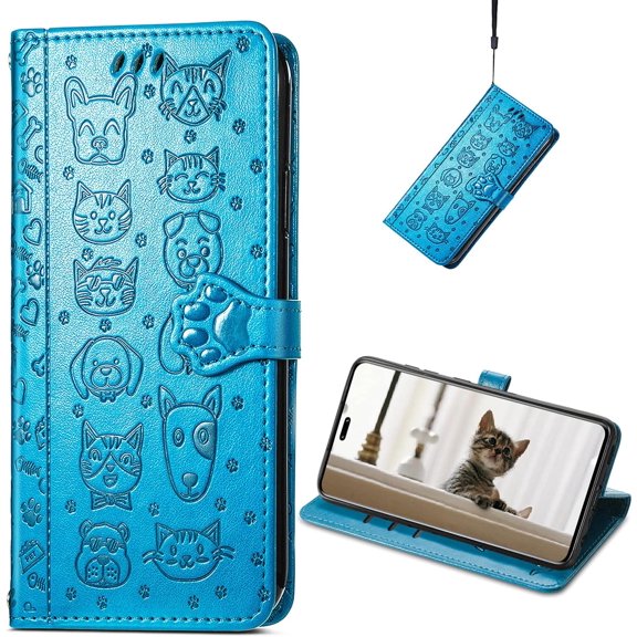 Wallet Case for Xiaomi 13 Lite (Not 13), Cute Cat Dog Cartoon Style with Card Slots Holder PU Leather Flip Phone Cover Case for Xiaomi 13 Lite/Civi 2 MG Blue