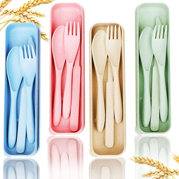 Cubiertos reutilizables trigo caja juego 4 piezas cuchillo tenedor cuchara picnic acampada niños adultos