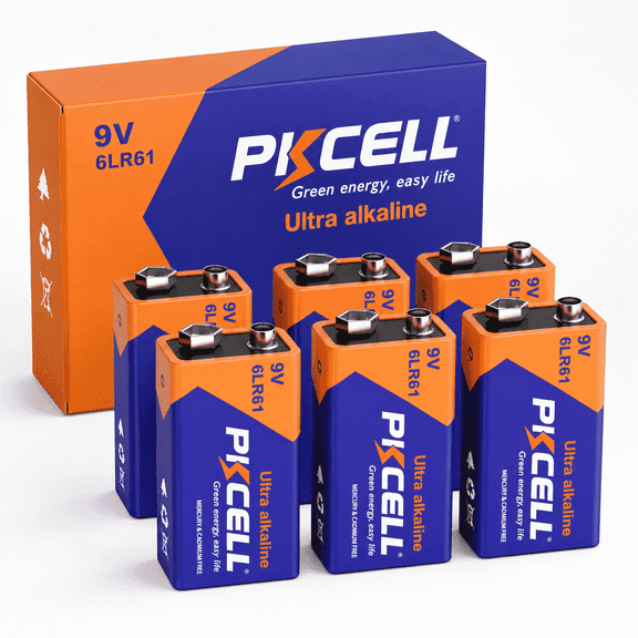 PKCELL 6 Pack Alkaline 9V Batteries, Long-Lasting 9 Volt Alkaline Batteries Perfect for Smoke Detectors