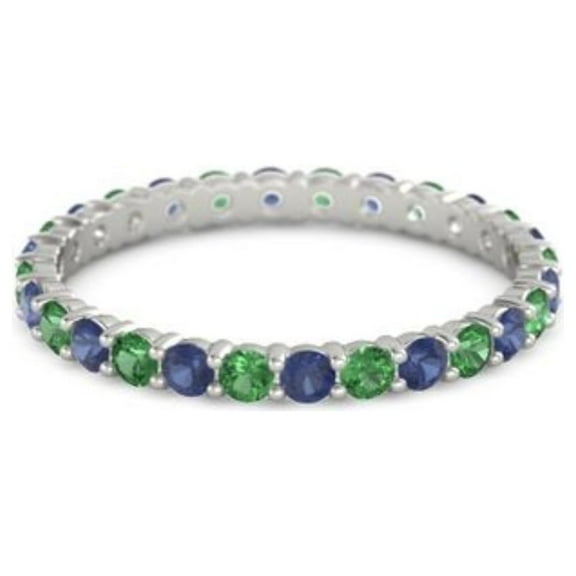 Blue Sapphire With Emerald Round 2.50 MM Eternity 925 Sterling Silver Women Stacking Ring