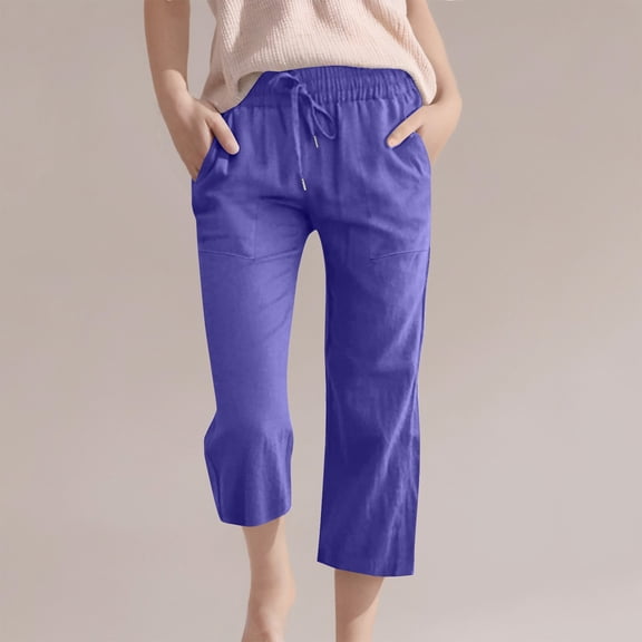 Girls' Solid Color Cotton Linen Casual Pants,Elastic Drawstring Waist 3/4 Length Capri with Pockets,Loose Fit for Daily Wear, School, Summer Activities,Breathable and Comfortable - Dark Blue