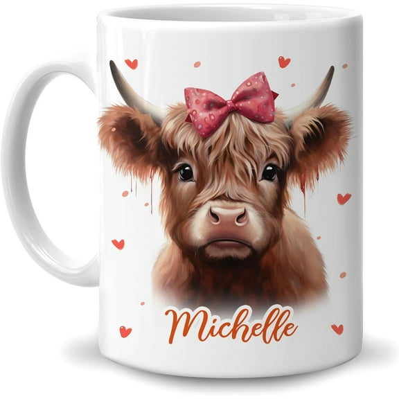 Personalized Gifts Highland Cow Lover - Highland Cow Love Hearts Custom Name Ceramic Coffee Mug Cup 11oz - Farm Animal Lovers Gifts For Women, Girlfriend On Birthday, Christmas, Valentine