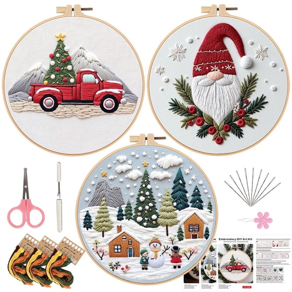 3 Pack Christmas Embroidery Kits for Beginners DIY Cross Stitch Craft Set with Hoops Threads and Patterns Holiday Ornament Embroidery Kit for Gift