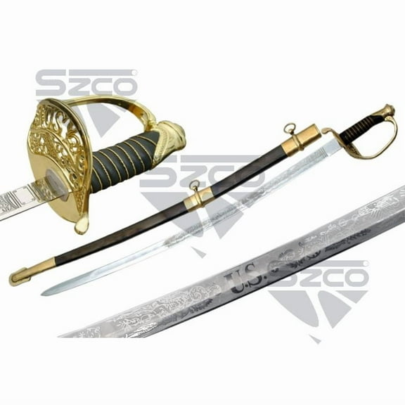 SZCO 41" U.S Officer Saber Sword Carbon Steel Blade Replica with Gun Blue Finish, Brass Guard & Metal Scabbard