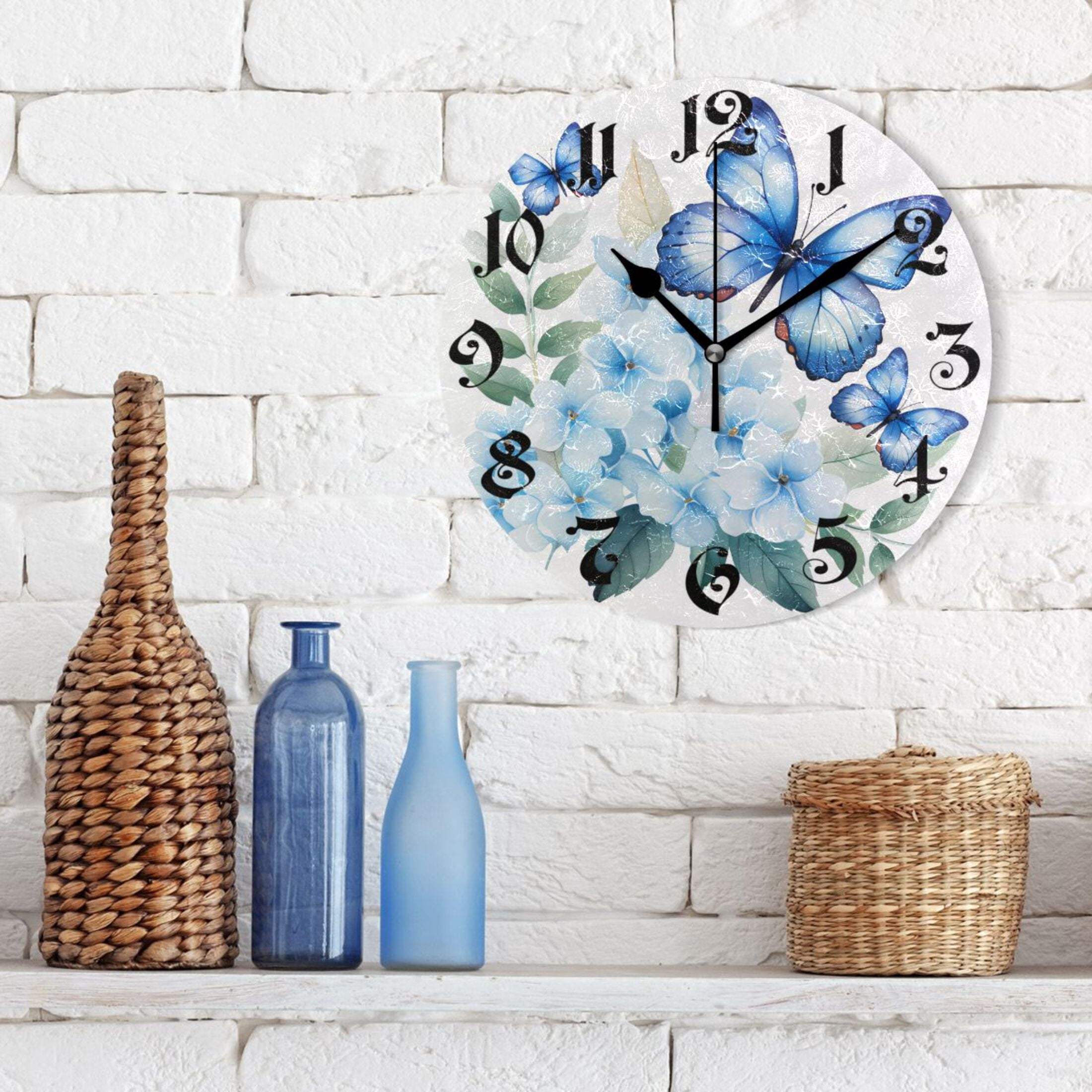 Wall Clock 10 Inch Silent Non-Ticking 8 Flowers and Blue Butterflies Battery Operated Rustic Retro for Living Room Home Kitchen Bathroom