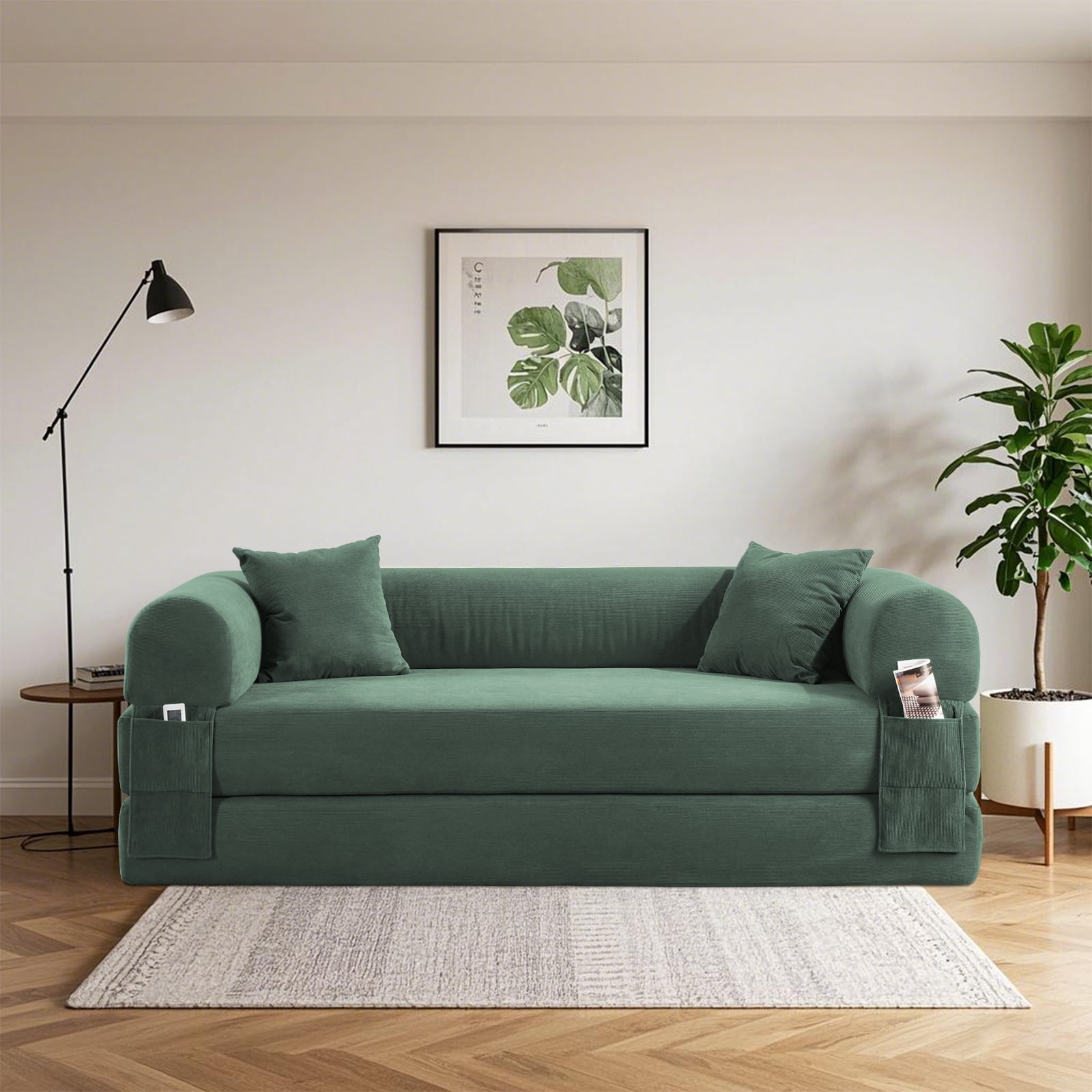 3 in 1 Convertible Sofa Bed, 80" Corduroy Folding Pull Out Couch with 2 Pillows, Floor Sofa with Side Storage for Living Room, No Assembly Modern Boneless Couch Compression Sofa, 30"W