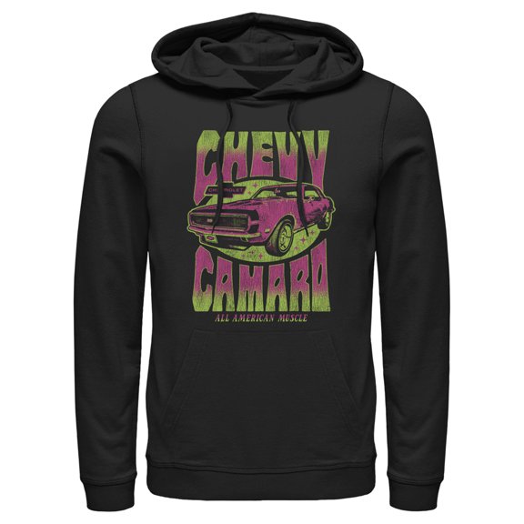 Men's General Motors Retro Pink and Green Chevy Camaro Pull Over Hoodie Black Small