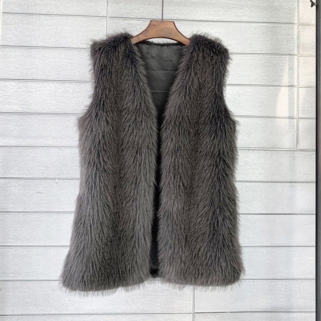 HongQid Womens Faux Fur Vest Coat Winter Shaggy Casual V-neck Jackets Warm Fuzzy Outerwear