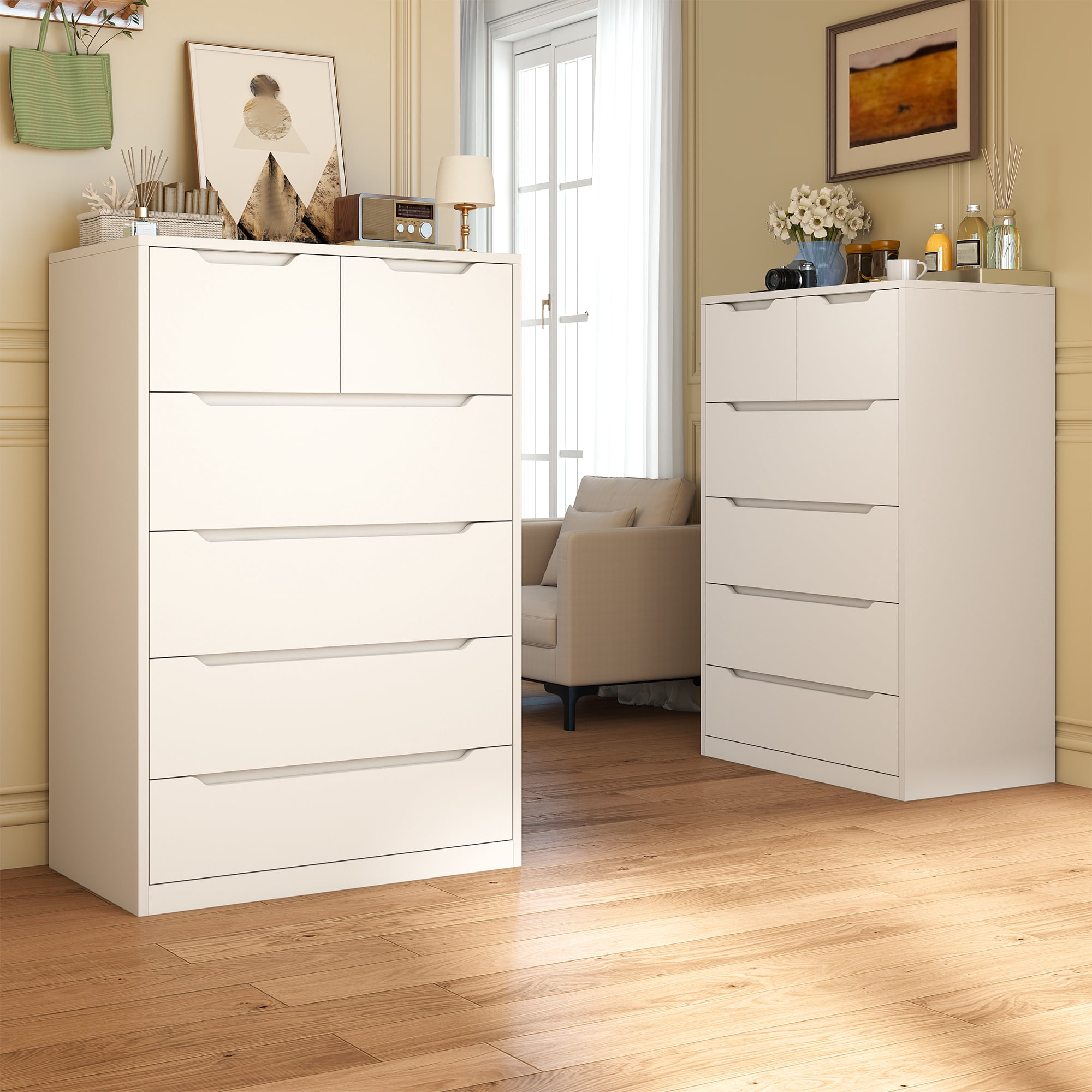 6 Drawer Dresser for Bedroom,Tall Dresser With Deep Drawers,White Wood Chest of Drawers for Bedroom,Hallway,Living Room,Smooth Metal Rail,Modern,43.2"H X 27.6"W X15.6"D