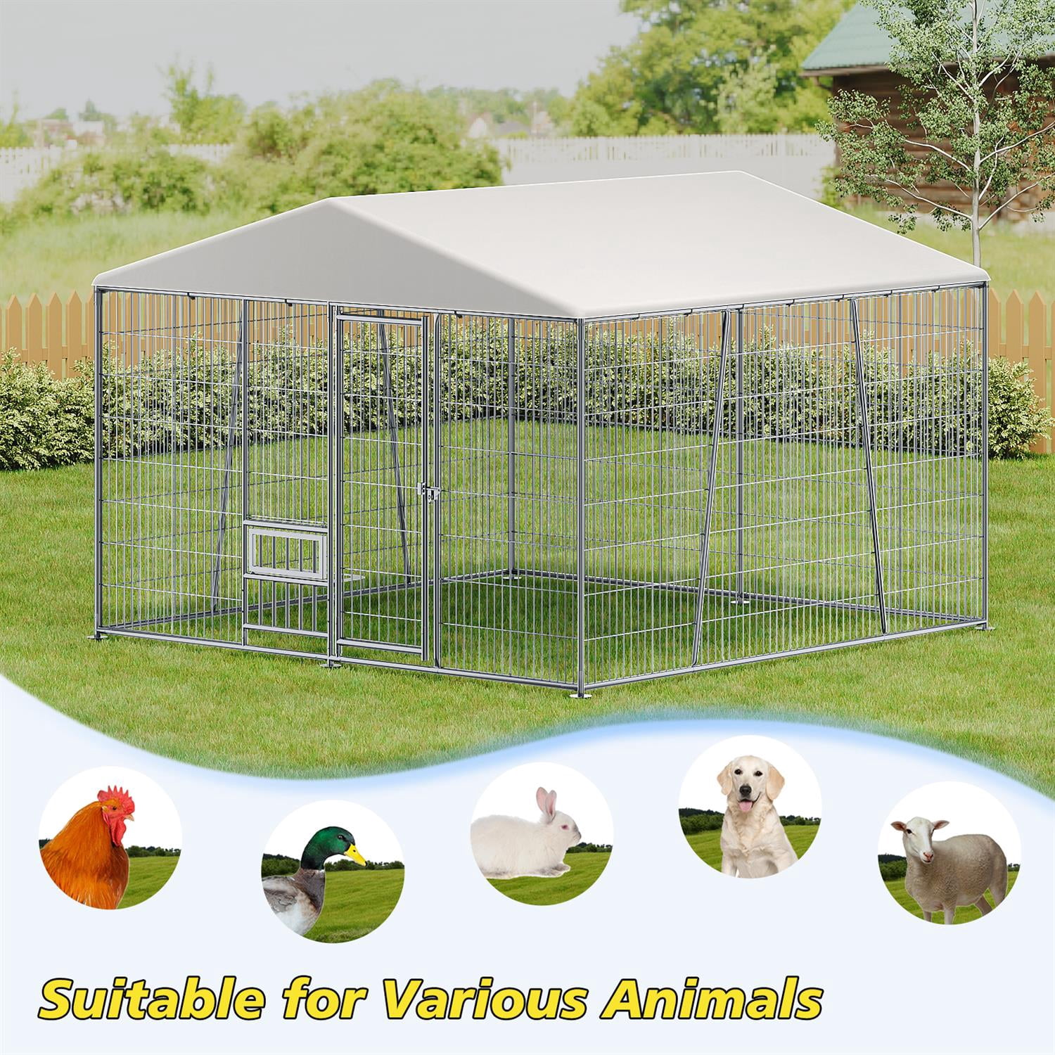 Pefilos Heavy-Duty 10x10 FT Outdoor Dog Kennel with Feeding Bowl, Waterproof Roof & Secure Lock, Steel Material, Silver - Perfect for Large Pets