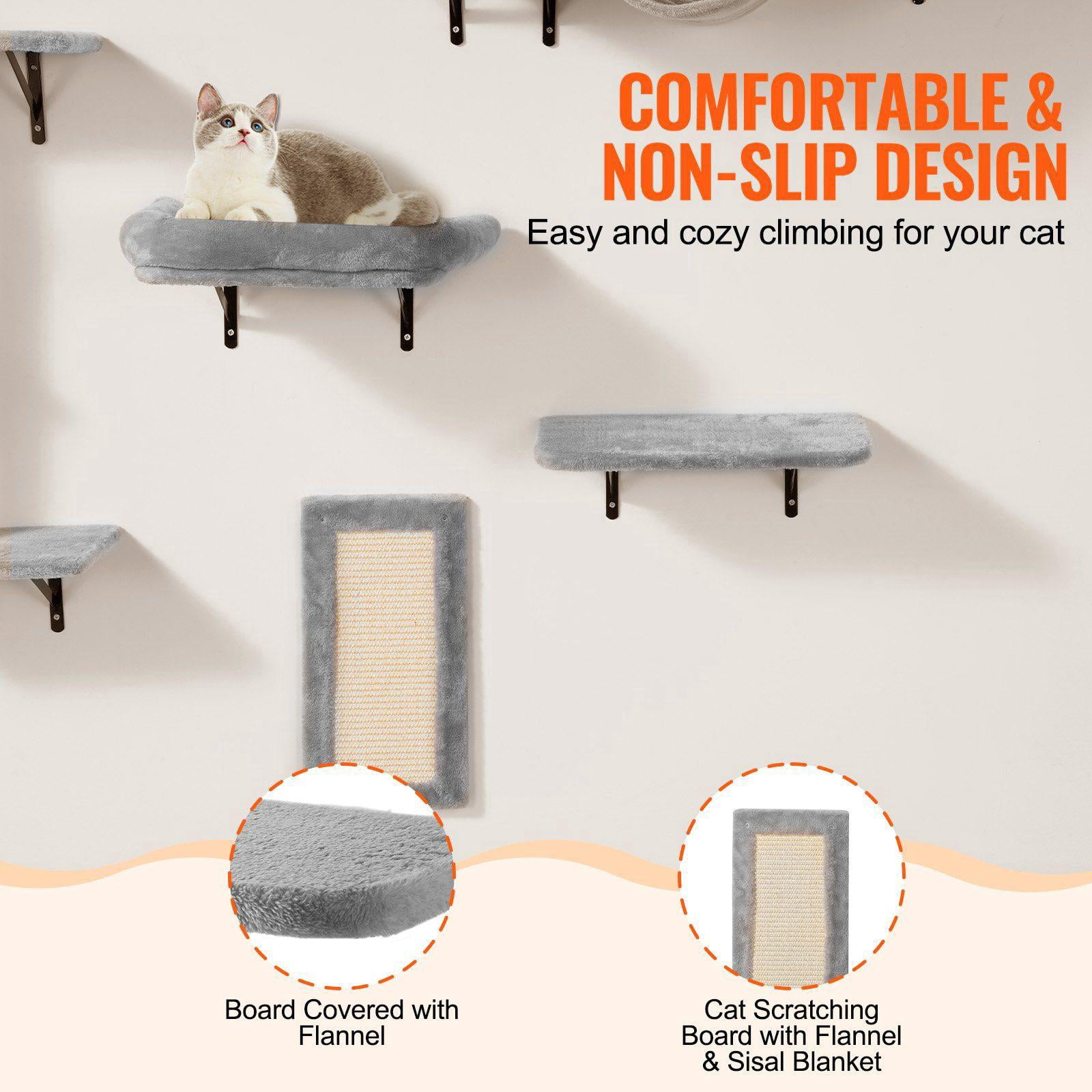 Wall Mounted Cat Shelves Set of 6 with Jumping Boards Hammock Sofa Cat Tree and Grip Supports 40 lbs for Sleeping Playing Climbing