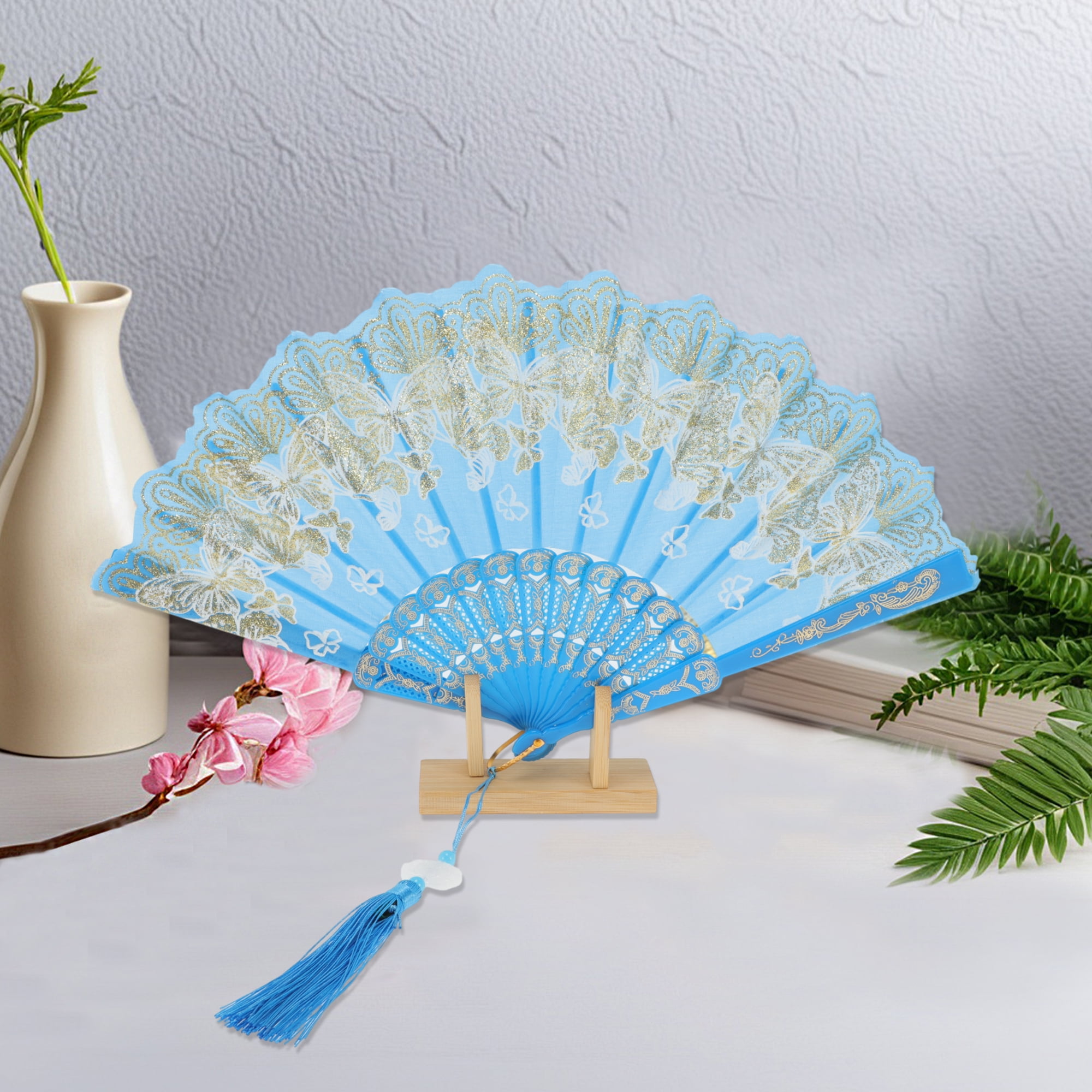Unique Bargains Elegant Butterfly With Tassel Folding Fan 1PC Sky Blue
