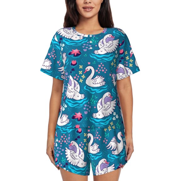 Kdxio Swan On The Pond Print Pajamas Sets for Women Short-Sleeved Pjs with Lounge Shorts Two Piece Sleepwear S-4XL