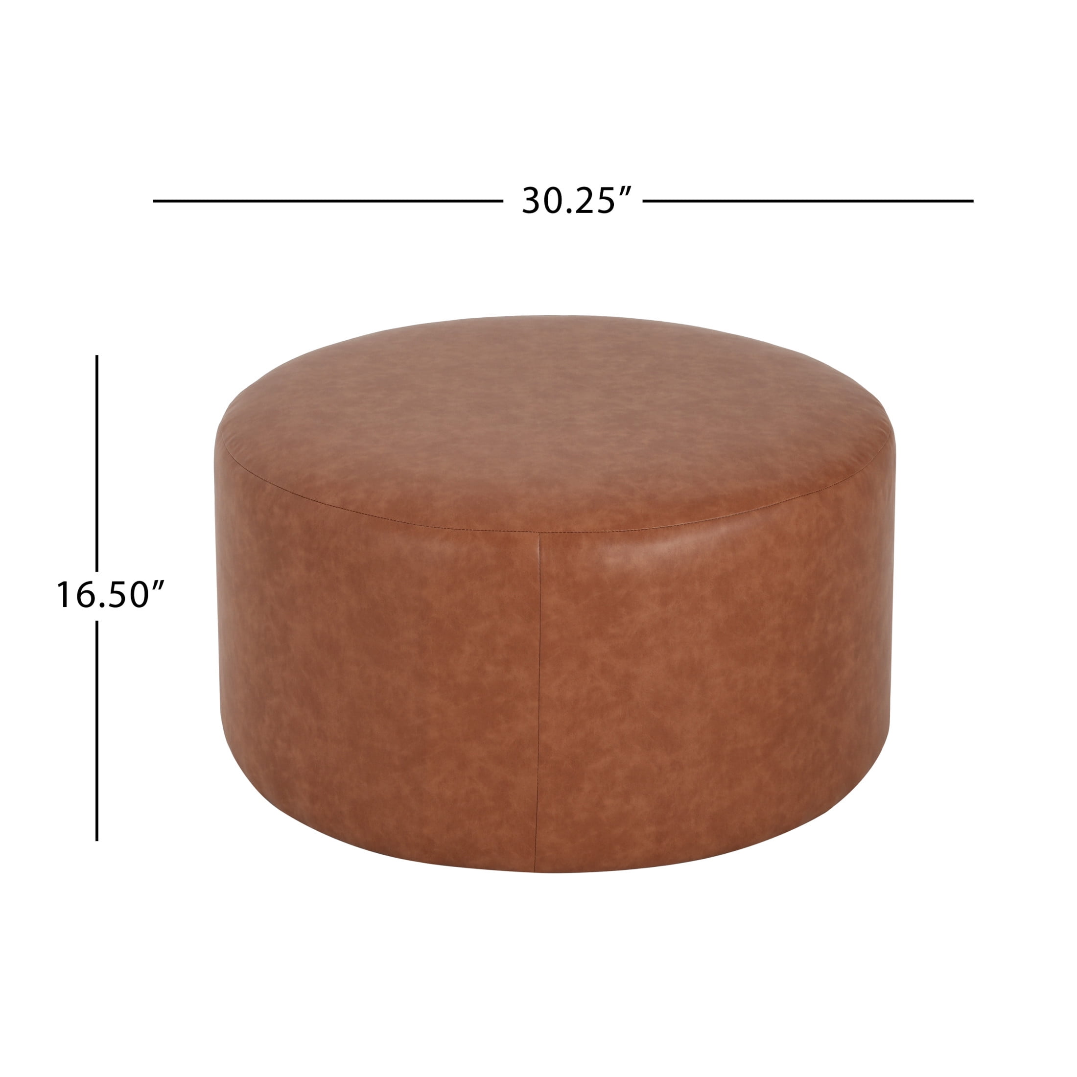 Christopher Knight Home 30" PU Upholstered Round Ottoman, Wood Frame, Cognac Brown