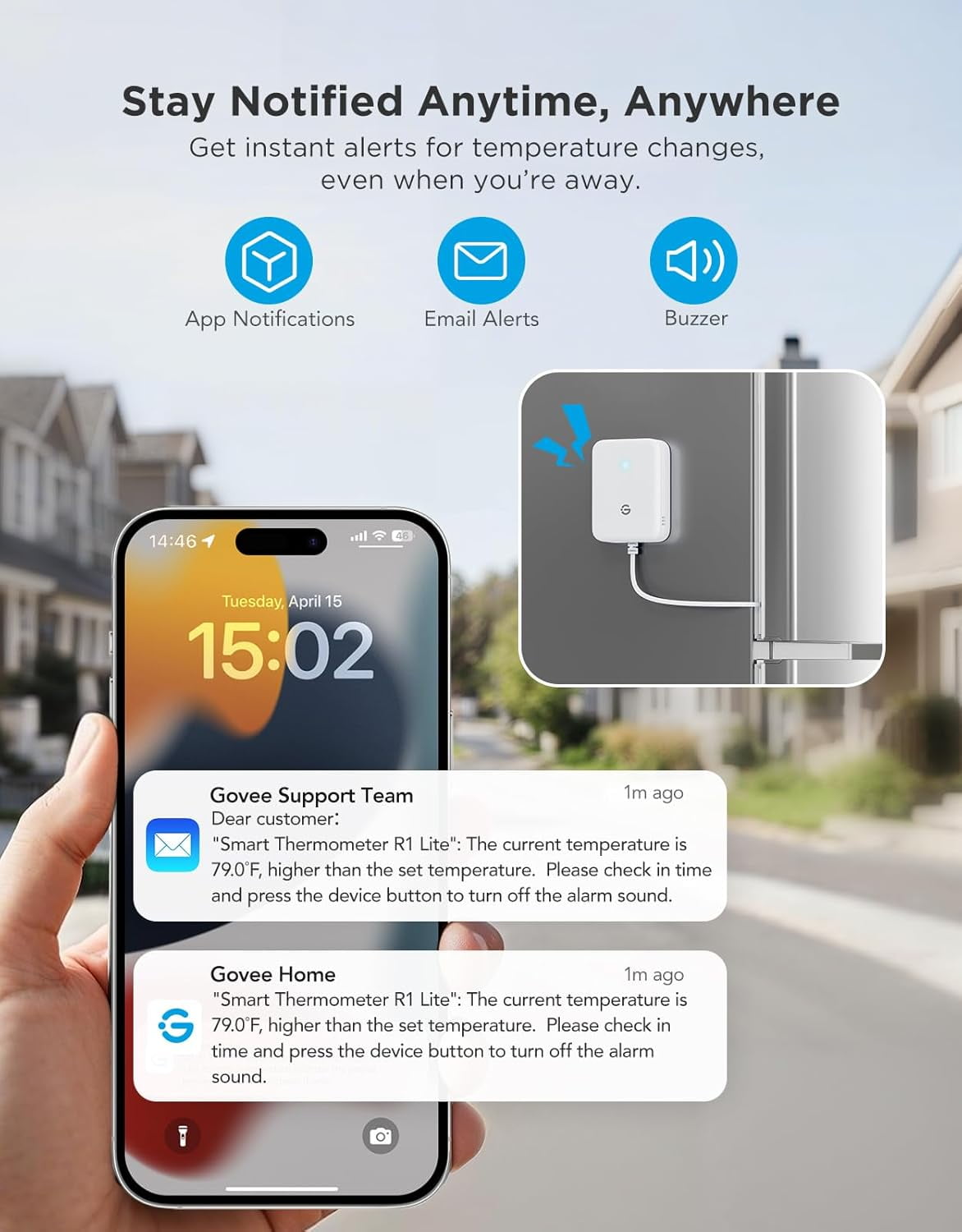 WiFi Refrigerator Thermometer with Alarm, Wireless Digital Freezer Temperature Gauge with App Control, 2 Years Free Data Export, for Home Kitchen Fridge Hot Tub