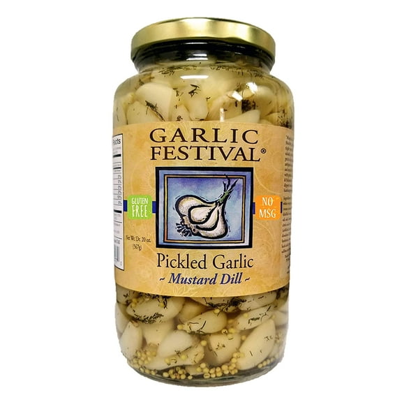 Garlic Festival Mustard Dill Pickled Garlic Cloves in a Jar - Mustard Dill Pickled Garlic - Fresh Garlic Cloves for Cooking - Freshly Made - Subtly Infused, Pre-Prepared Garlic - Net Wt. 32 oz.