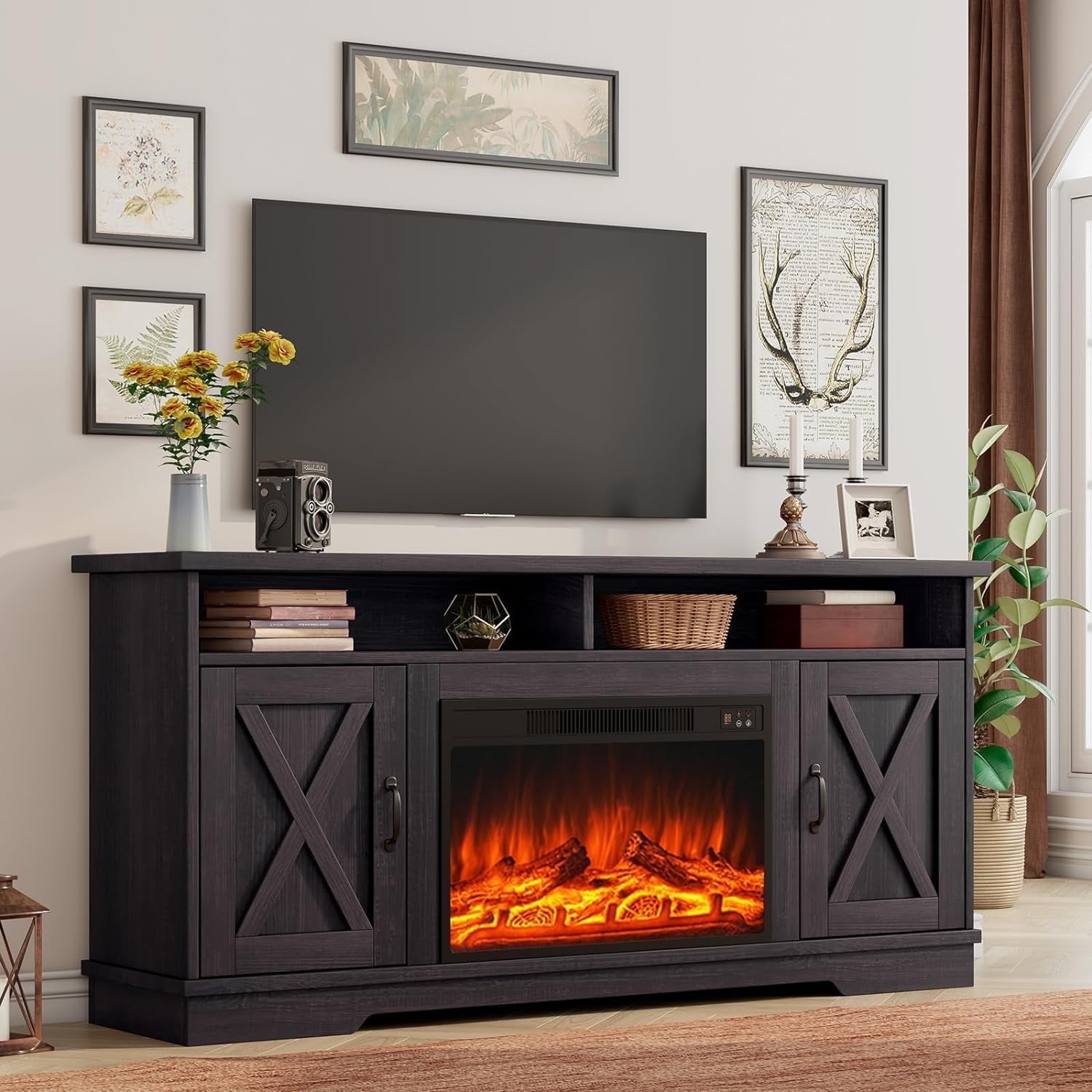 VANACC 63" Farmhouse TV Stand with 26" Fireplace, for TVs up to 73", Entertainment Center, Rustic TV Console Cabinet for Living Room, Dark Walnut & Wood