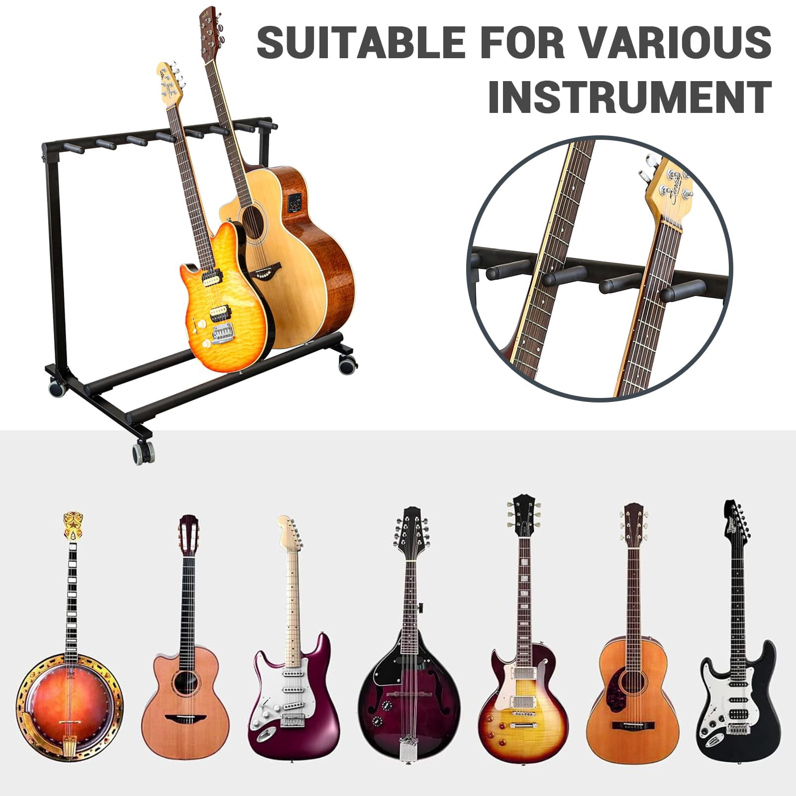CazToi Heavy-Duty Rolling 7 Guitar Stand with Wheels & Foldable Design Portable Rack