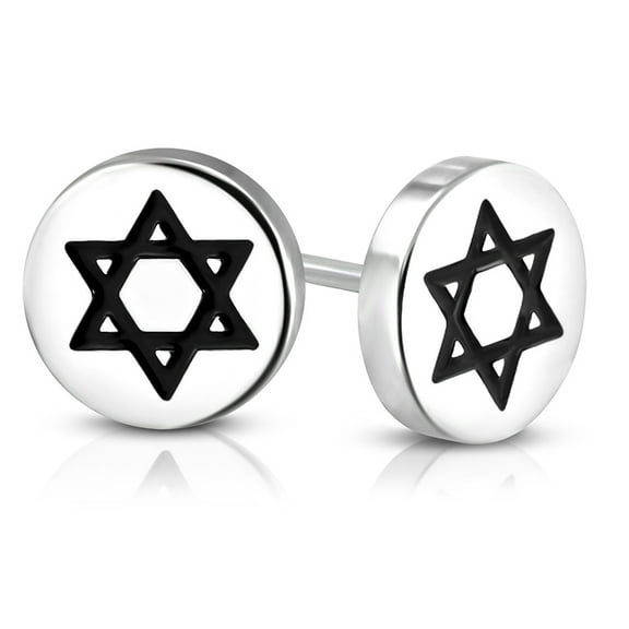 Stainless Steel Silver-Tone Black White Jewish Star of David Stud Earrings, 0.30"