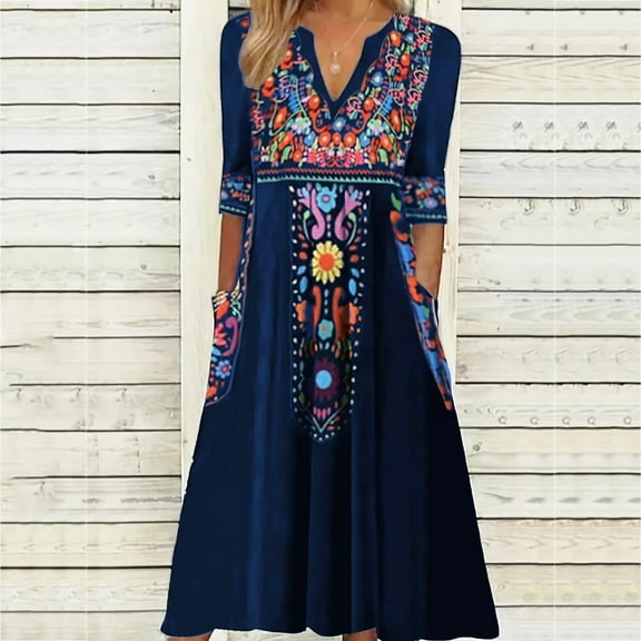 Taylonsss Women's V-neck Pocket Bohemian Printed 3/4 Sleeve Dress Women