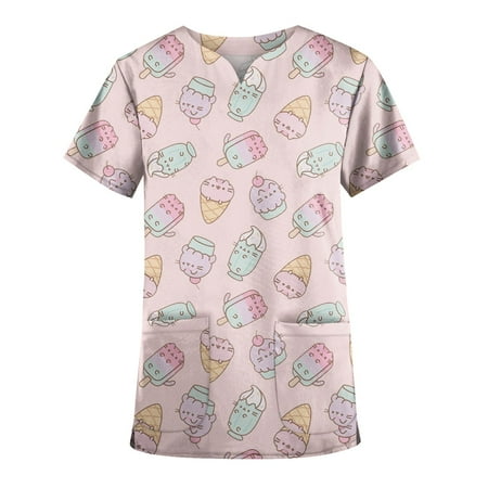 

TKing Fashion Women Plus Size Scrubs Top V-Neck Short Sleeve Fruit Print Pockets Work Blouse for Women Sky Blue 4XL