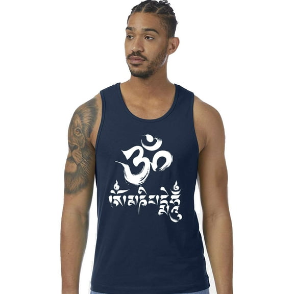 Mens Om Mani Padme Hum 100% Cotton Yoga Tank Top Shirt, Small Midnight Navy
