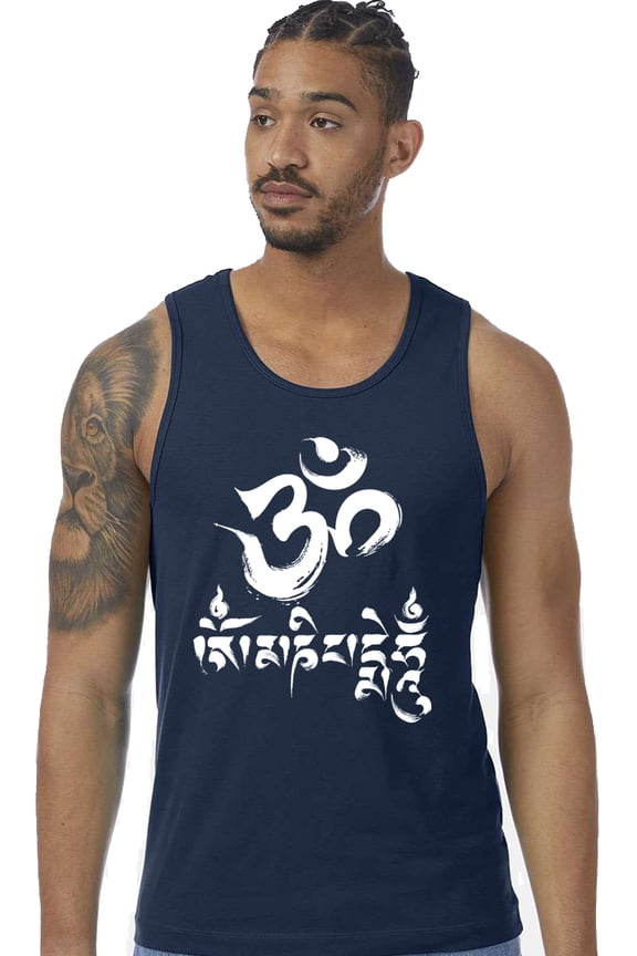 Mens Om Mani Padme Hum 100% Cotton Yoga Tank Top Shirt, XL Midnight Navy