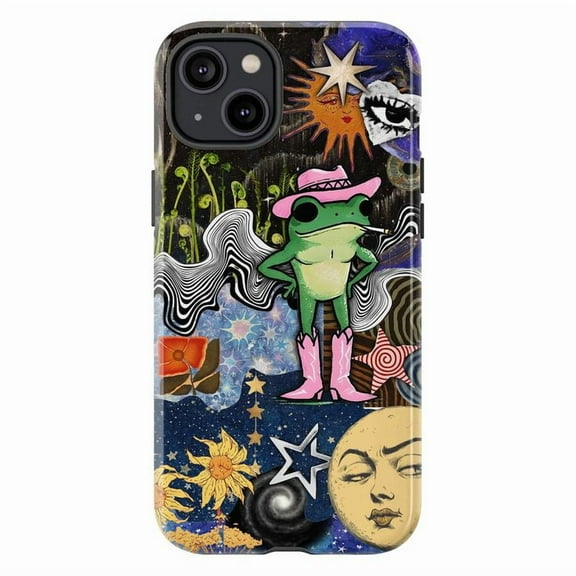 Cowboy Frog Psychedelic Collage Phone Case, Retro Trippy Aesthetic Protective Cover for iPhone 16 15 14 13 12 11 Pro Max Plus Mini