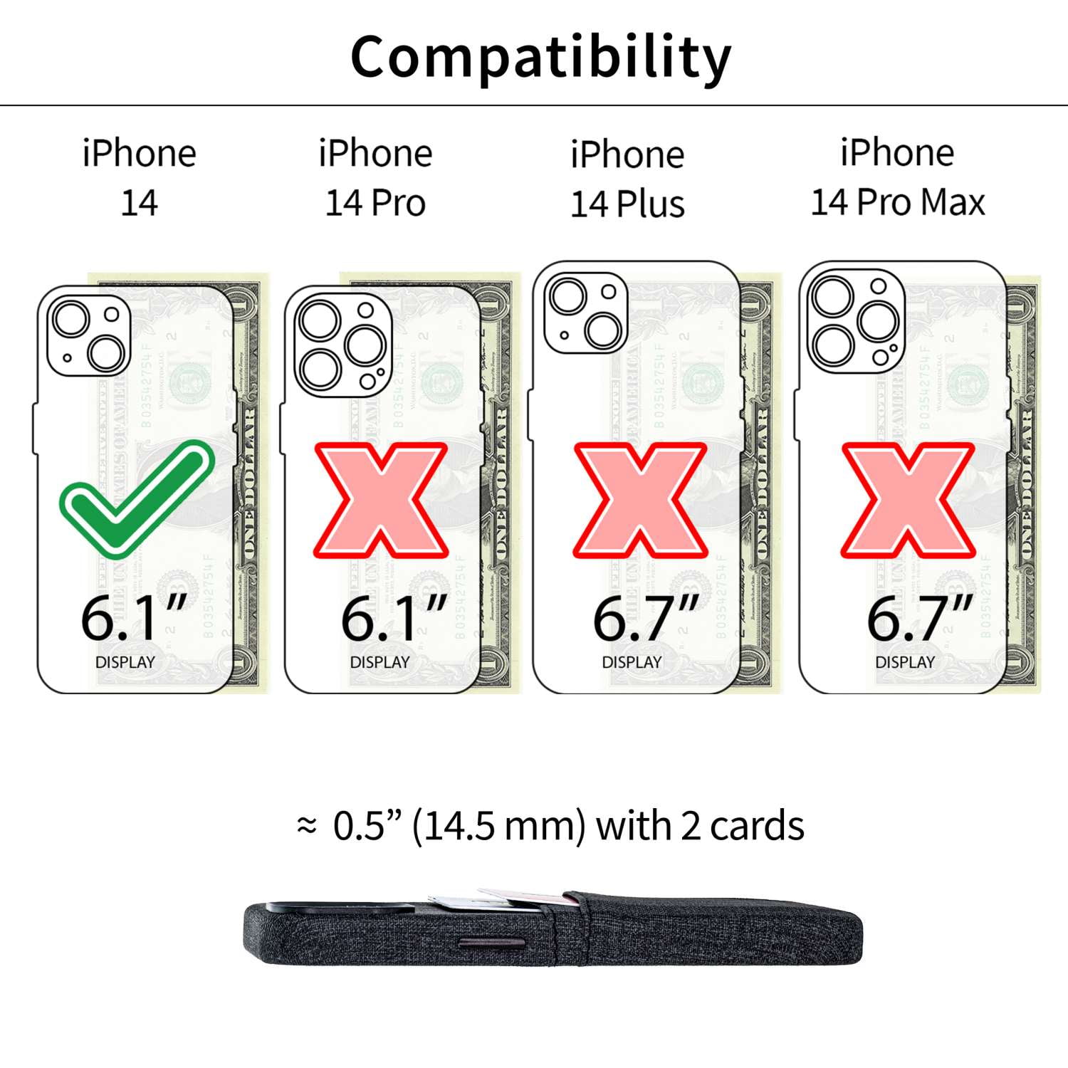 Dockem Card Case for iPhone 14 with Built-in Metal Plate for Magnetic Mounting & 2 Pockets: Luxe M2 (Black)