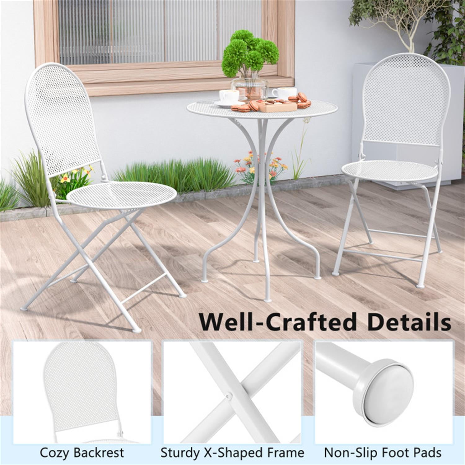 Demi Bonn 3 Piece Metal Bar Set with Patio Round Table and 2 Folding Chairs, Outdoor Bistro Sets Accent Furniture for Yard, Garden, White