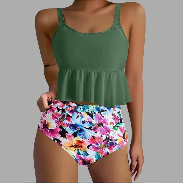 Traje de baño vintage estampado para mujer, traje de baño conservador, traje de baño de bikini con falda de playa estampada para mujer, traje de baño de nailon para mujer