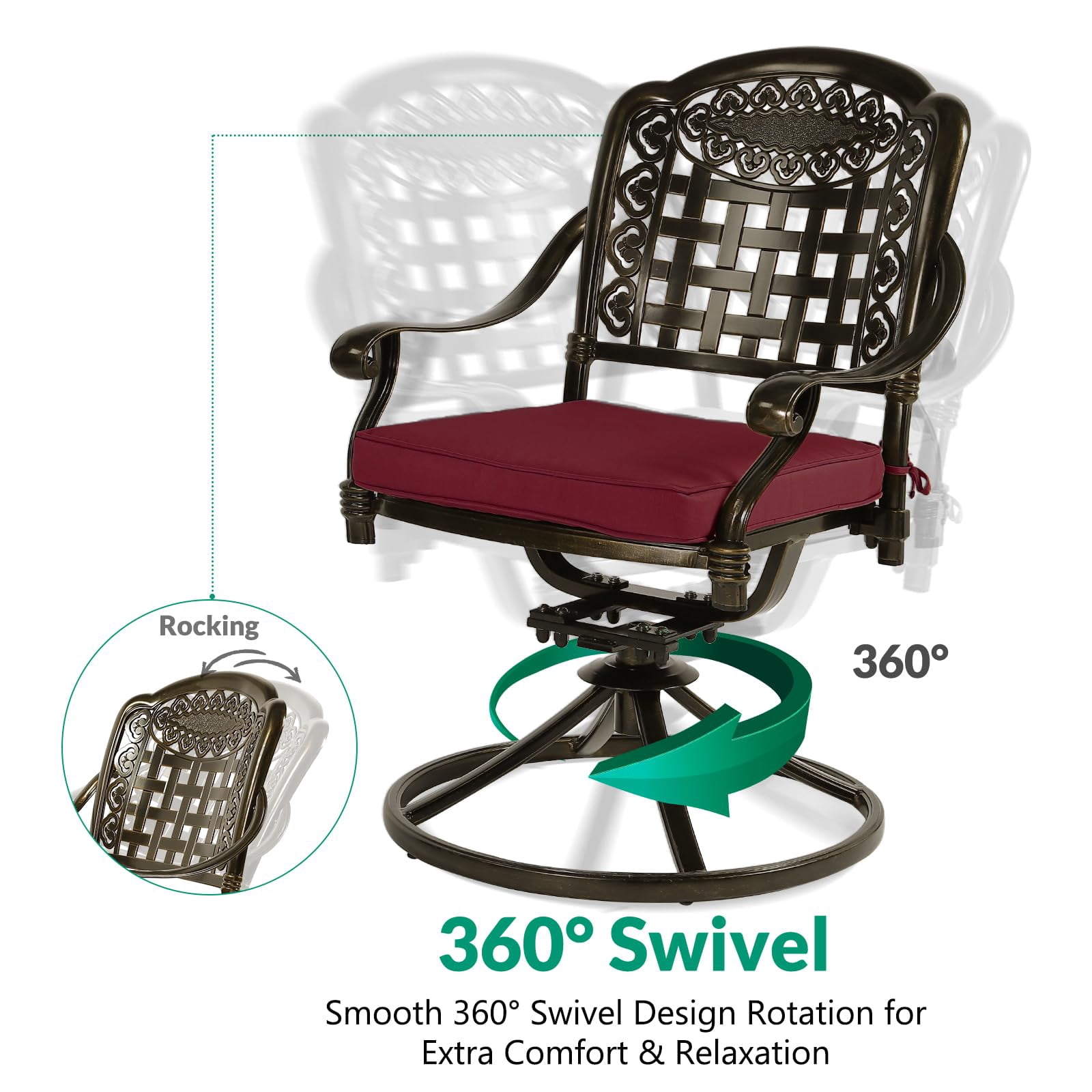 VIVIJASON 9-Piece Outdoor Patio Furniture Dining Set, All-Weather Cast Aluminum Conversation Set, Include 8 Swivel Dining Chairs and an Oval Table with Umbrella Hole for Garden Backyard, Red Cushion