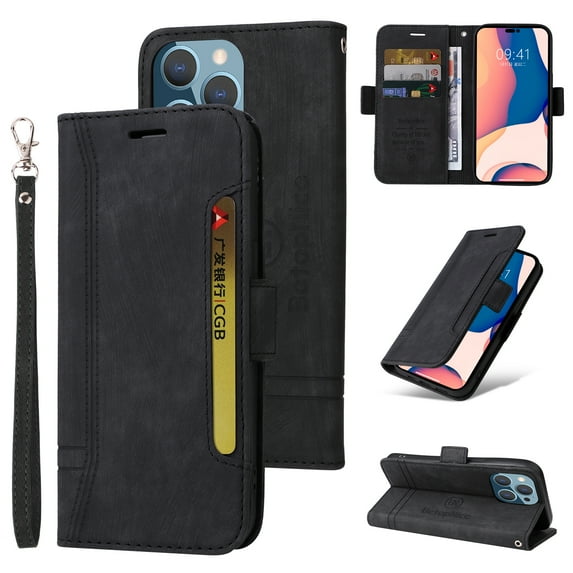 Nalacover Wallet Case for iPhone 14 Pro Max, Wrist Hand Strap Premium PU Leather TPU Shockproof Flip Cover with Kickstand Card Slots Holder Magnetic Clasp Case for iPhone 14 Pro Max,Black