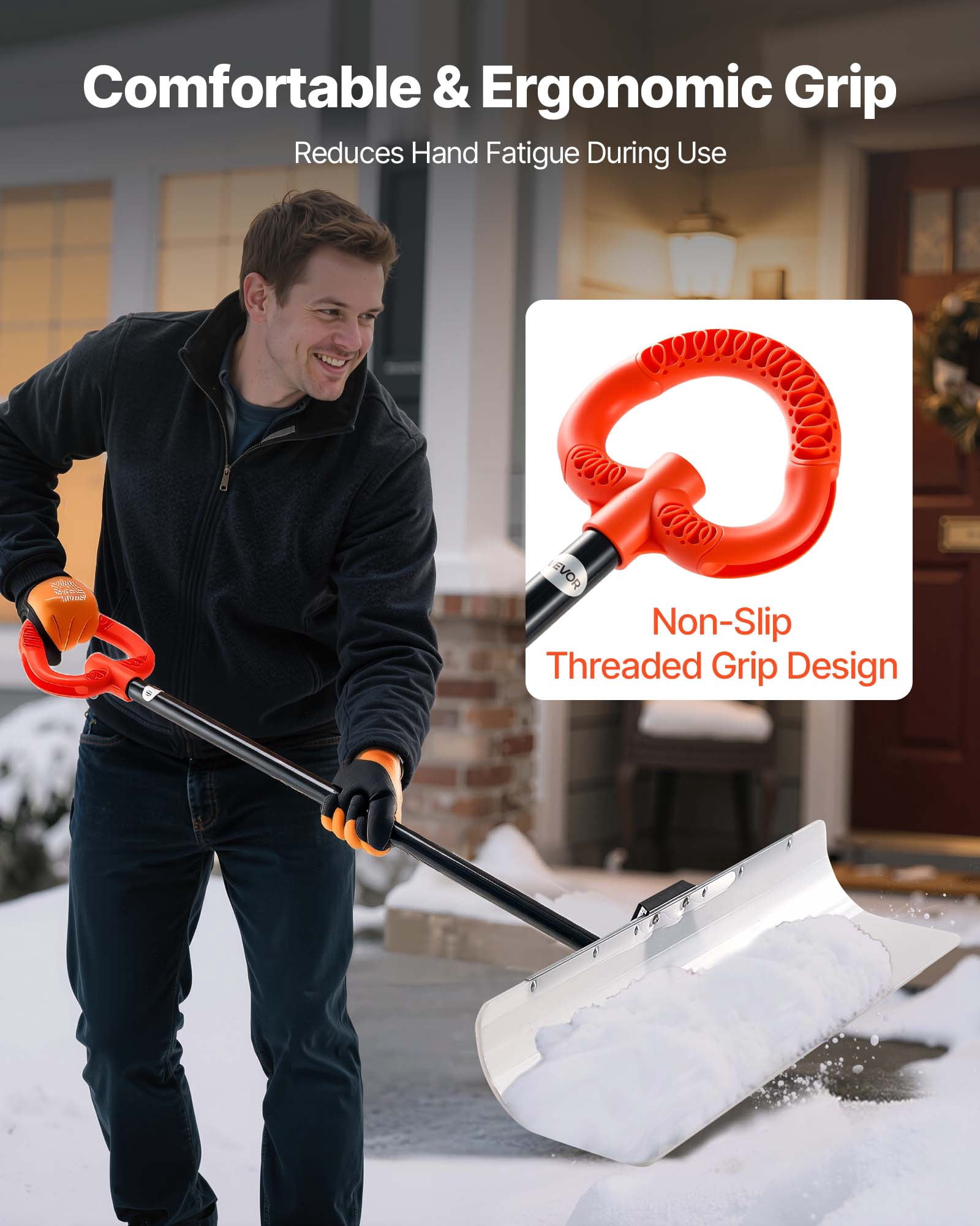VEVOR Snow Pusher Shovel, 36 in Outdoor Snowplow Shovel with Ergonomic Grip, HDPE Plastic Blade, Winter Shovels with Segmented Handle, Metal Edged Strip,Portable Snow Removal Tool for Driveway Garden