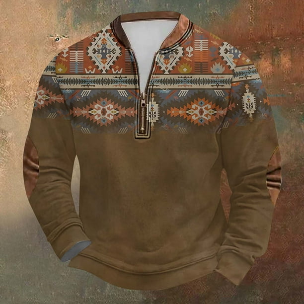 Blusas y camisas de manga larga con cuello redondo para hombre, talla grande, media cremallera, cuello redondo, estampado vintage, manga larga, poliéster