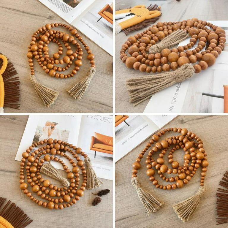 Decorative Wood Bead Garland Home Decor, Farmhouse Beads with Tassel, Wood Garland Decorative Beads for Tier Tray, Rustic Prayer Boho Beads, Wooden