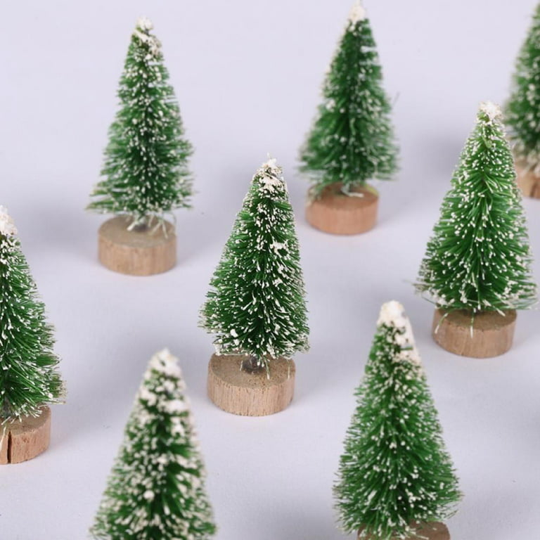 5 PCS Christmas Trees Desktop Miniature Pine Tree Artificial Mini Christmas  Sisal Snow Frost Trees with Wooden Bases Plastic Winter Snow Ornaments