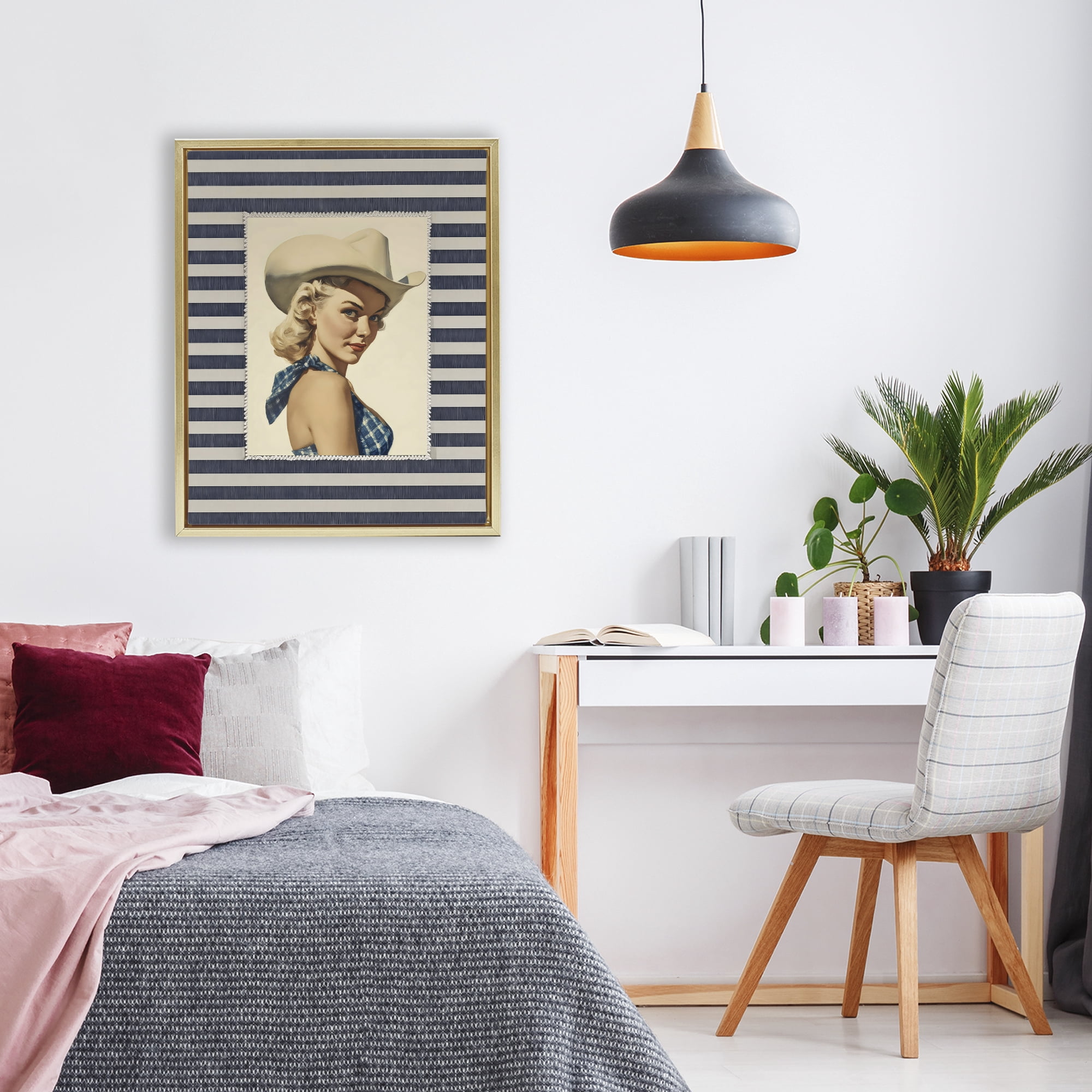 Stupell Industries Retro Cowgirl Stripes Gold Framed Floater Canvas Wall Art, design by Arlington Prints