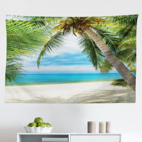Ocean Tapestry, Shadow Shade of a Coconut Palm Tree on White Sandy Seashore Image, Fabric Wall Hanging Decor for Bedroom Living Room Dorm, 2 Sizes, Pale Green Pale Blue, by Ambesonne