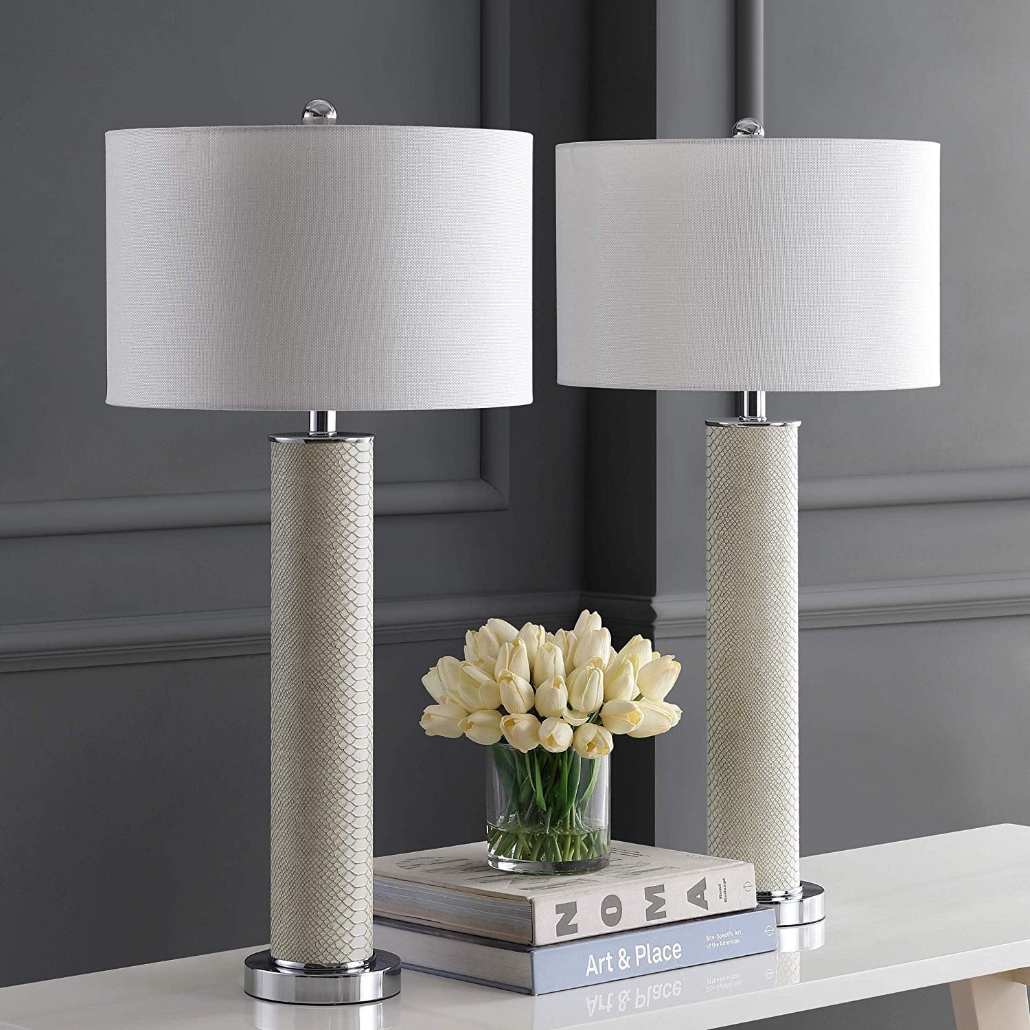 Safavieh Lighting Collection Ollie Cream Faux Snakeskin 31 5 Inch Table Lamp Set Of 2 Walmart Com Walmart Com