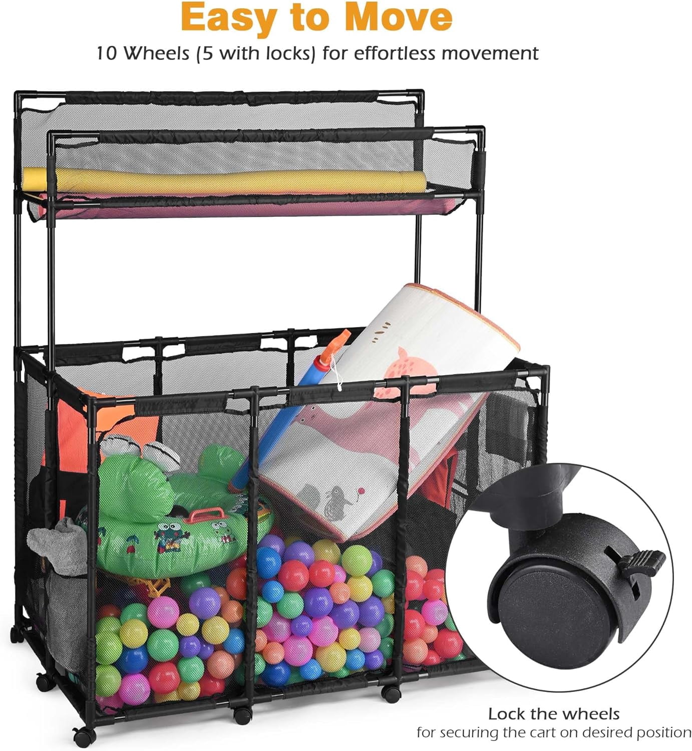 Mesh Pool Storage Organizer Bin Pool Noodles Holder Rolling Cart Double Decker with Metal Frame Noodle Rack, Extended Sturdy Connectors for Stability, XX-Large, 49" L x 30" W x 61" H, Black