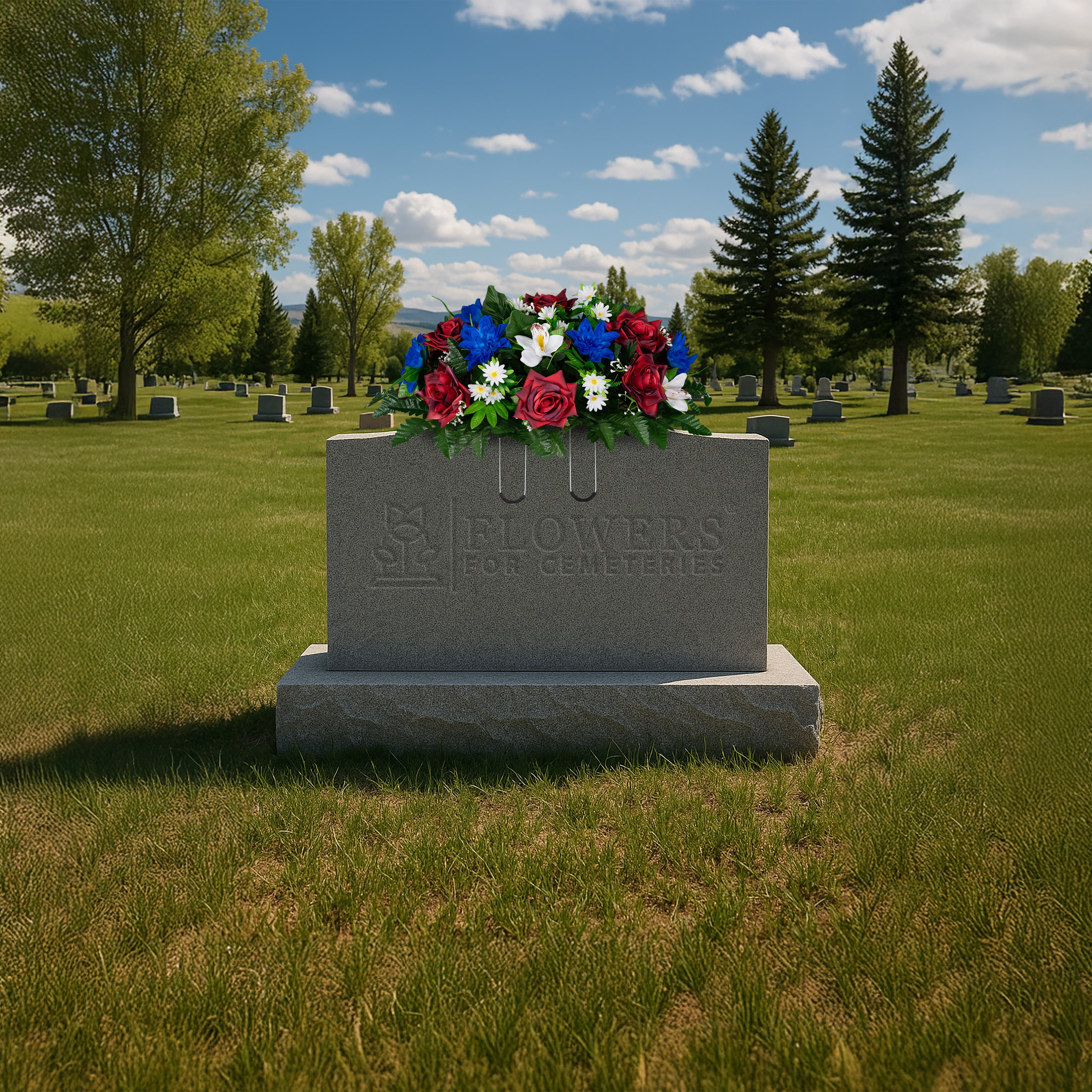 Sympathy Silks Artificial Cemetery Flowers - Red Open Roses White Orchids and Blue Dahlias - Outdoor Saddle for Headstone