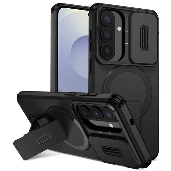 Asuwish Magnetic, Kickstand, Slide Camera Cover TPU, Plastic, Metal Hard Shell Fashion Cell Phone Case for Samsung S26 Plus, Black