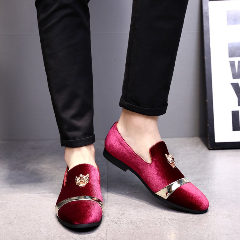 Santimon Men Velvet Loafers Golden Animal Buckle Slip-On 