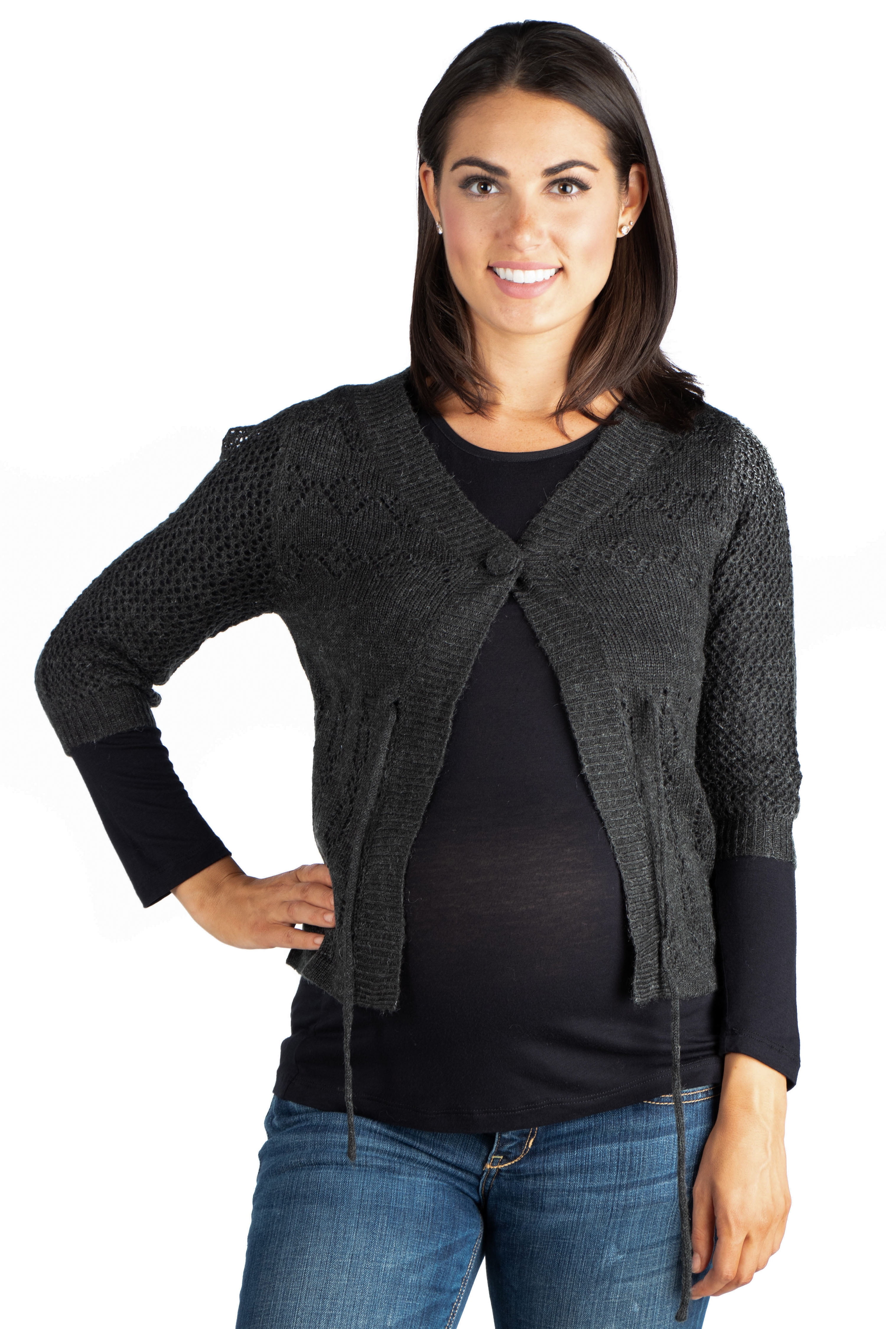 24seven Comfort Apparel Womens Maternity Grey Chic Cropped Cardigan