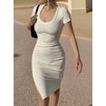 thumbnail image 5 of Women's Knit Ribbed Short Sleeve Bodycon Mini Dresses Crew Neck Slim Dress for Summer White M, 5 of 7